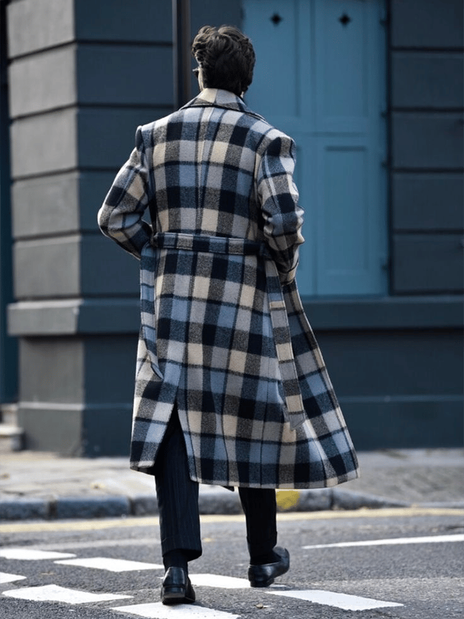 Men's Retro Plaid Design Patch Pocket Casual Woolen Coat (Including Belt)