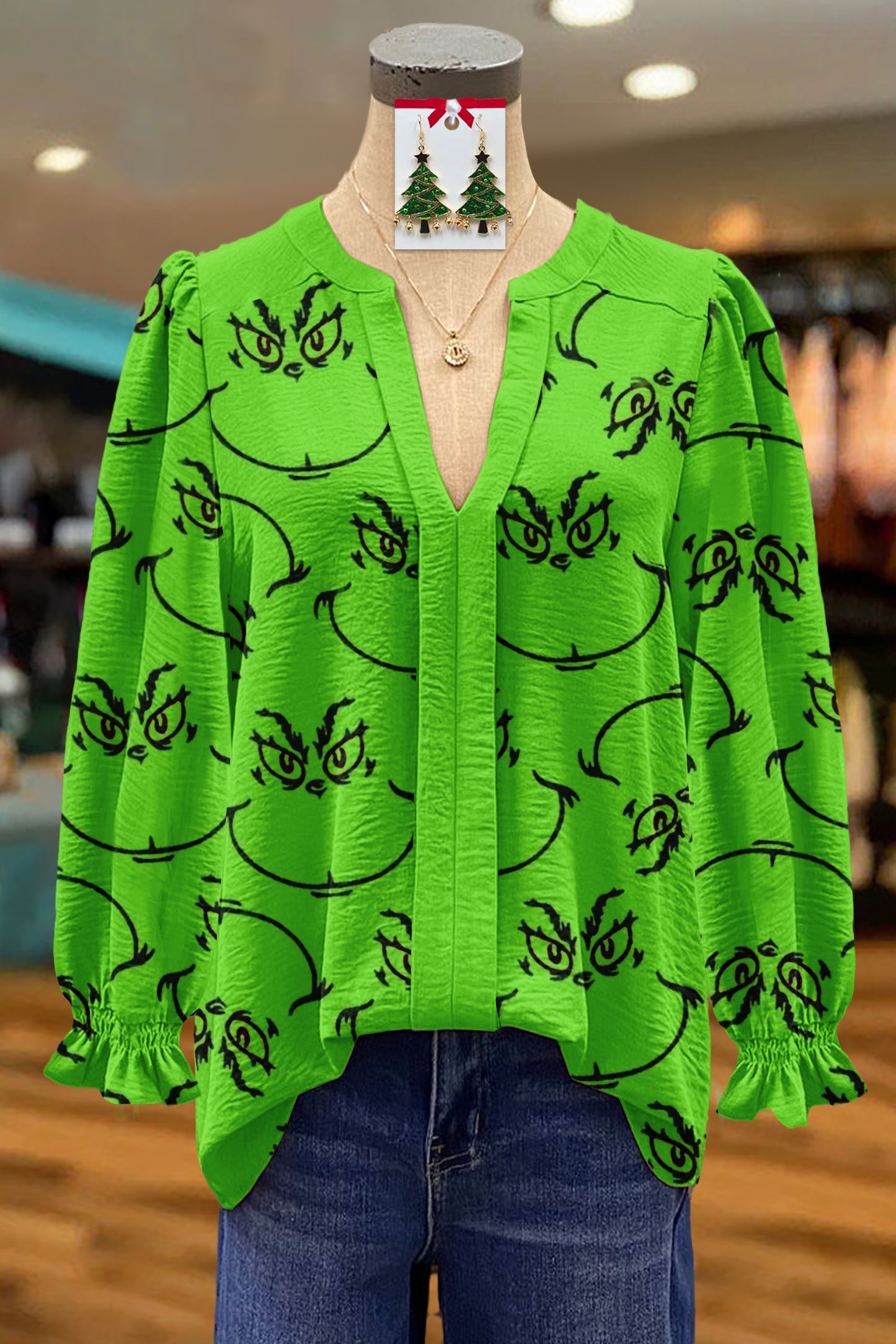 Christmas Grinch Print V-Neck Blouse