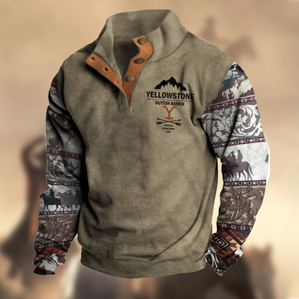 Men's Earthy Brown Retro Western Yellowstone Ethnic Print Casual Henley Stand Collar Sweatshirt