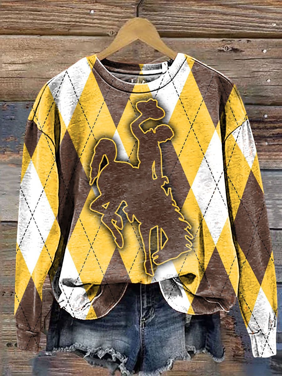 Vintage Plaid and Cowboy Art Print Casual Sweatshirt