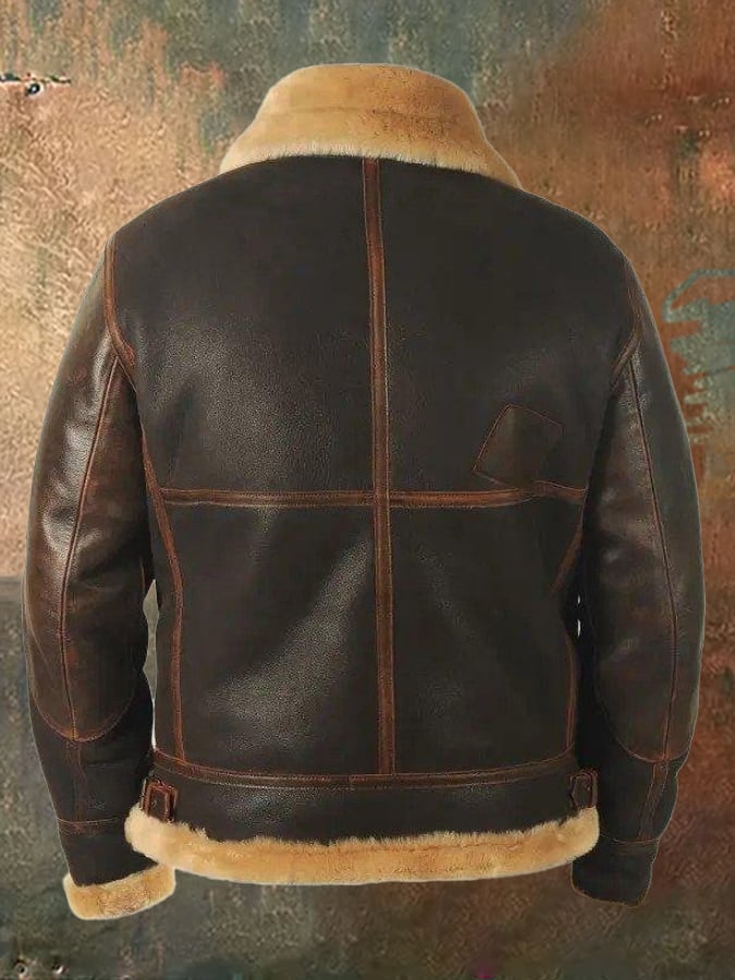 Men's Vintage Casual Lapel Zipper Faux Fur Leather Jacket