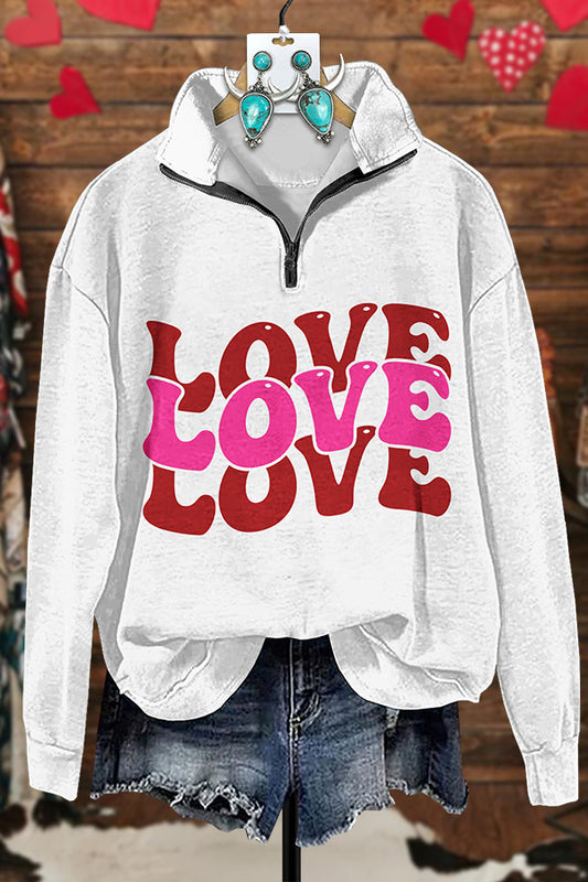 Valentine's Day Love Print Zipper Sweatshirt