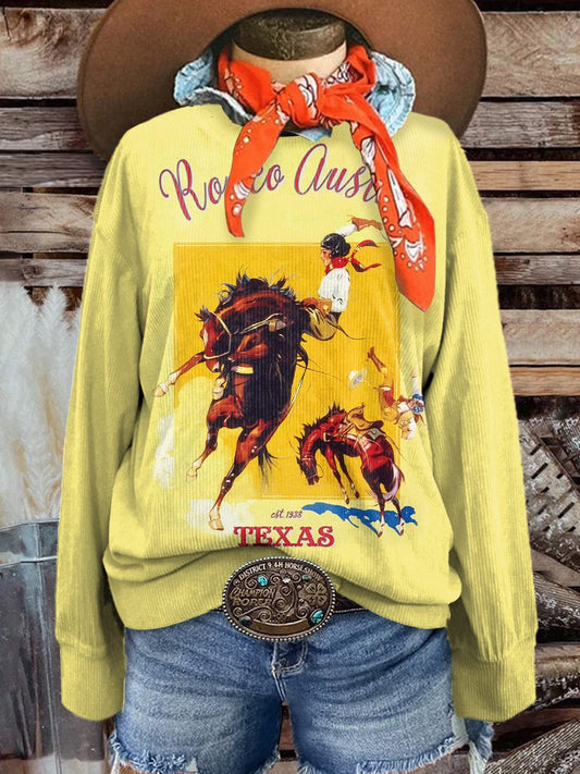 Women's Rodeo Austin Texas Cowgirl Vintage Casual Print Corduroy Sweatshirt