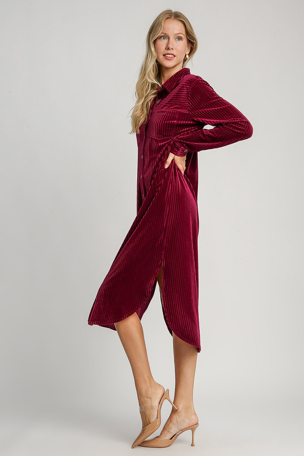 Umgee Texture Curved Hem Button Down Shirt Dress Duster