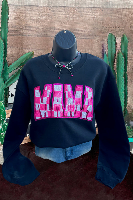 Retro Mama Checkered Sequin Print Sweatshirt