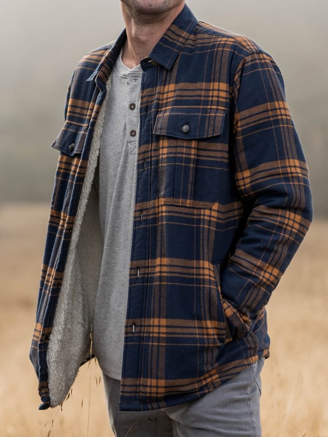 Men's retro western plaid fleece warm jacket