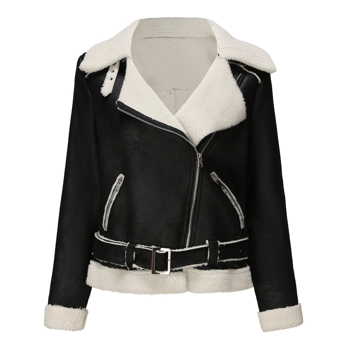 Women's Leather Jacket With Belt And Lapel Coat