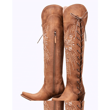 Womens Vintage Embroidered Lace-Up Western Boots