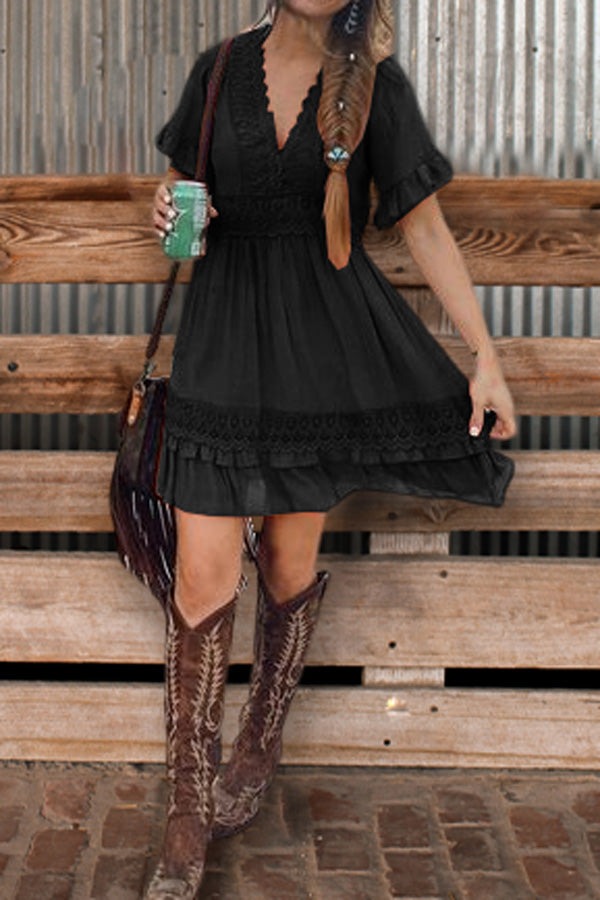 Casual Lace Ruffle Mini Dress