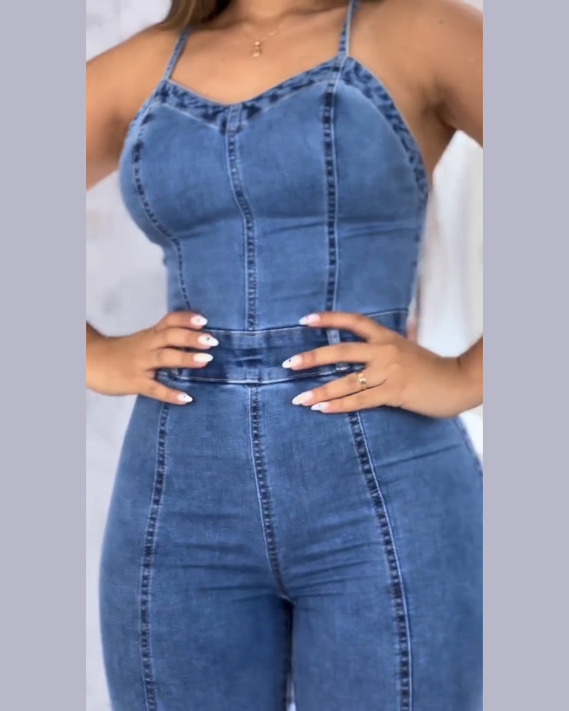 Denim Jumpsuit for Women Sexy Slim-Fit Halter Bandage Jeans Rompers