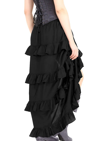 Solid Ruffled High Low Hem Drawstring Tiered Skirt