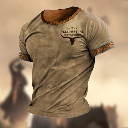 Men's Retro Western Ethnic Yellowstone Printed Pattern Short Sleeve Round Neck T-shirt