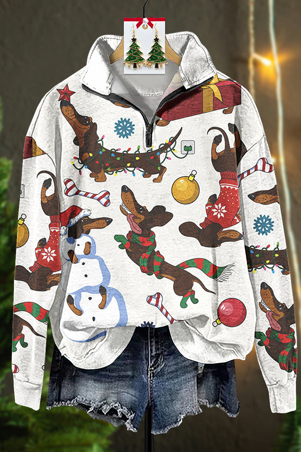 Christmas Play Dachshund Print Zip Sweater