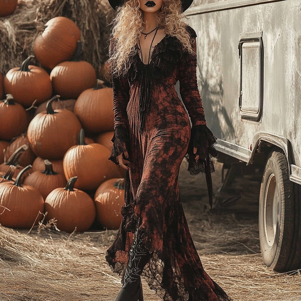 Retro Halloween Witch Tie-dye Contrast Color Long-sleeved Dress