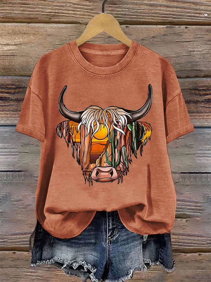 Women's Western Highland Cow Print Casual T-shirt