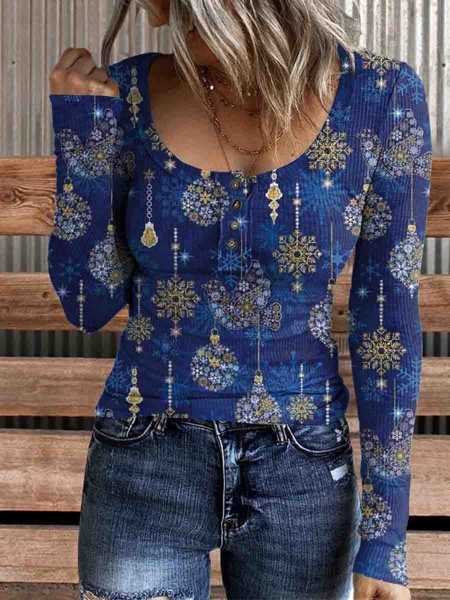 Women's Christmas Snowflake Print Comfortable Cotton Henley Shirt