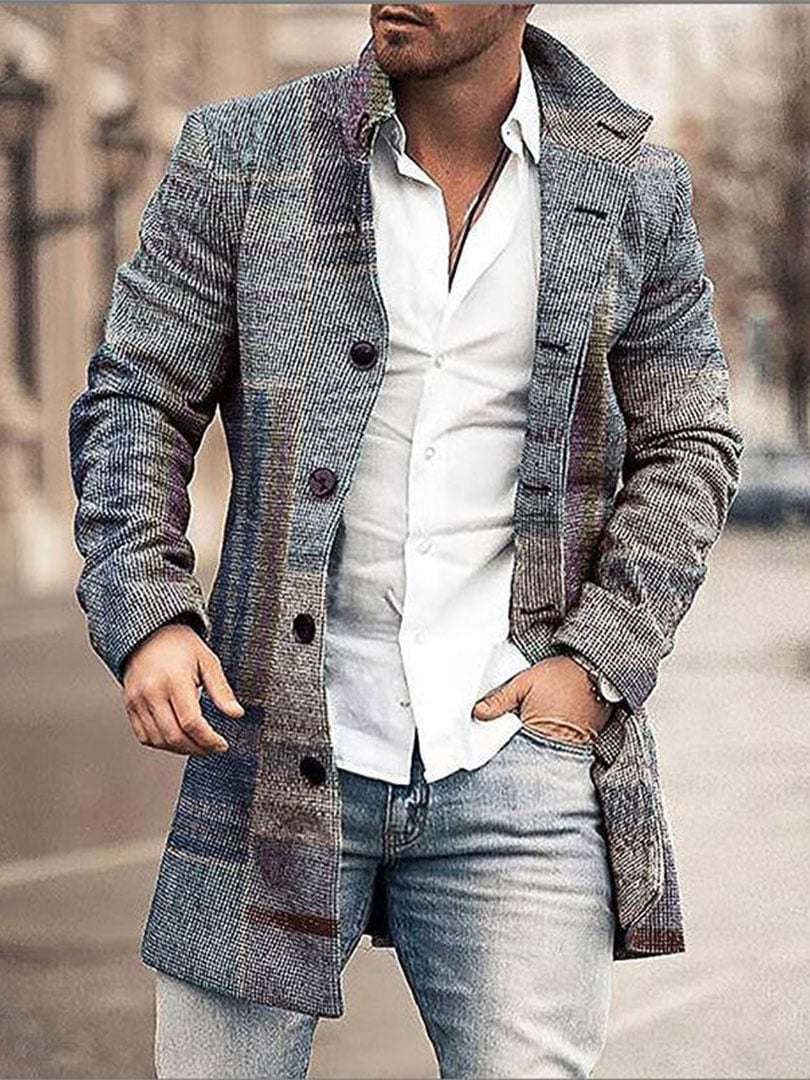 Men's Retro Buttoned Stand Collar Printed Woolen Jacket