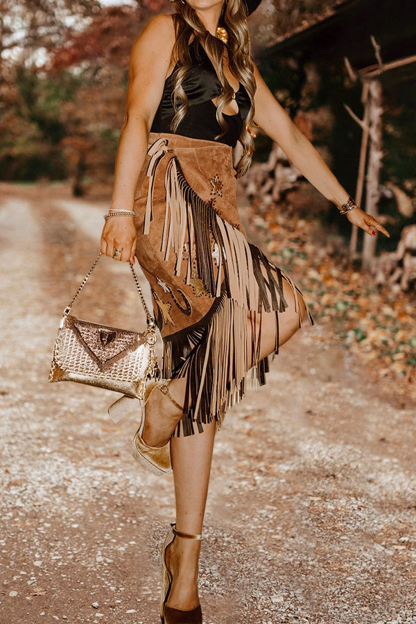 Pretty Fringed Star Suede Skirt