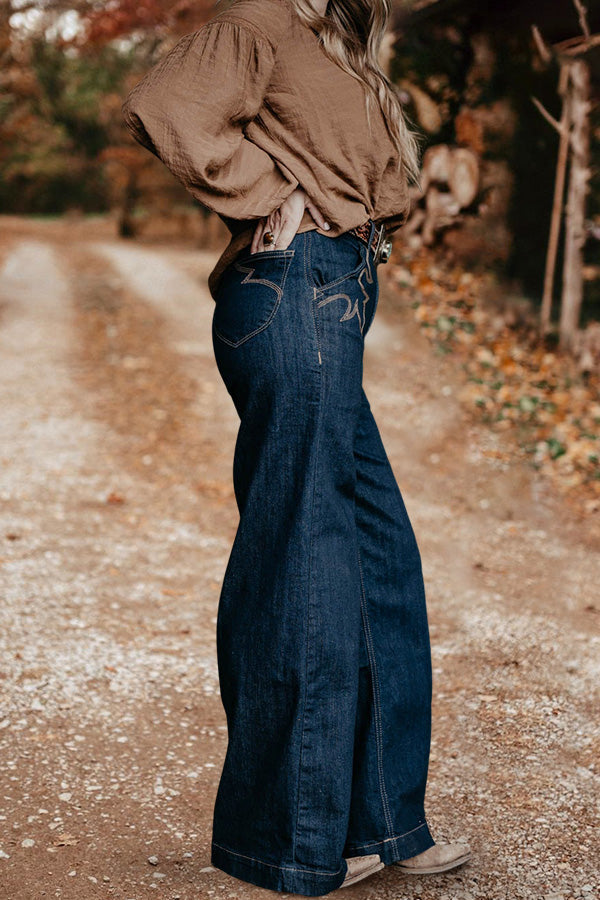 Vintage Washed Printed Wide Leg Jeans