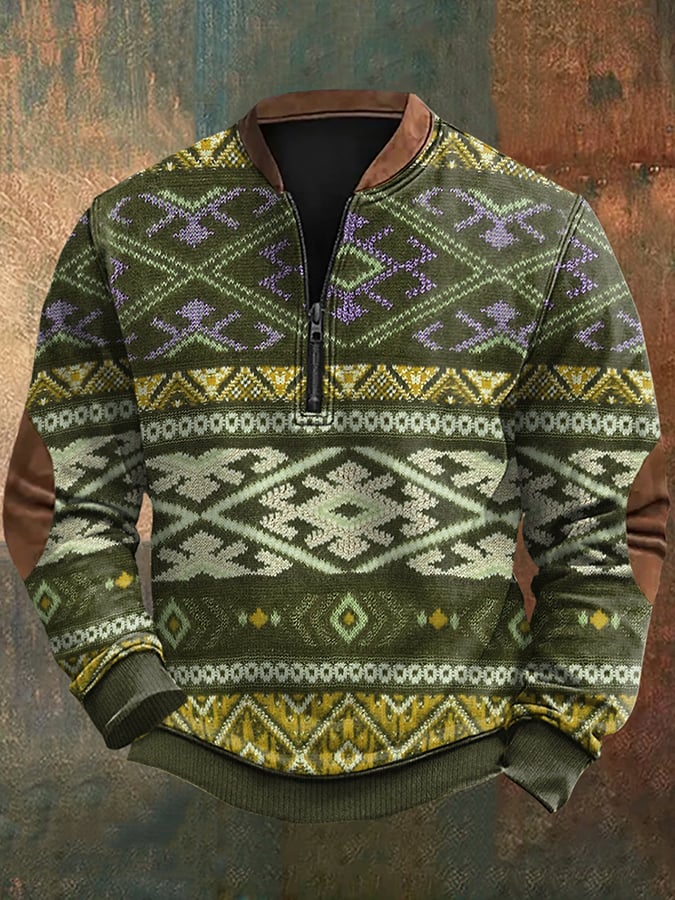 Men's Vintage Western Knit Print Zip-Neck Sweatshirt