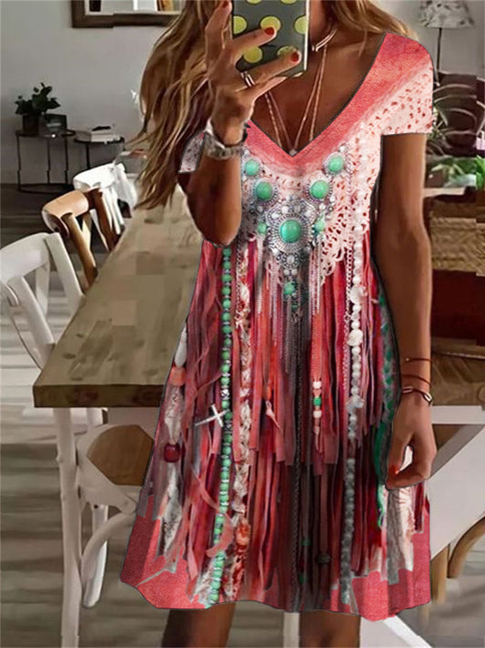 Western Turquoise Fringe Lace Mini Dress