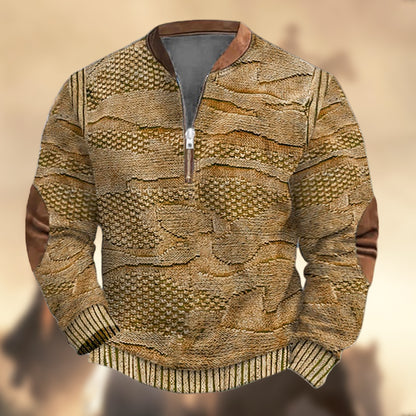 Men's Vintage Western Knit Print Zipper Stand Collar Casual Sweatshirt