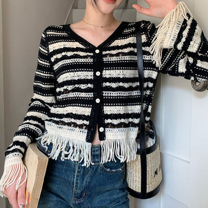 Spliced tassel Knitted Cardigan For Women, Autumn Contrast Stripes, Slimming, Hollow Short Long Sleeve Tops