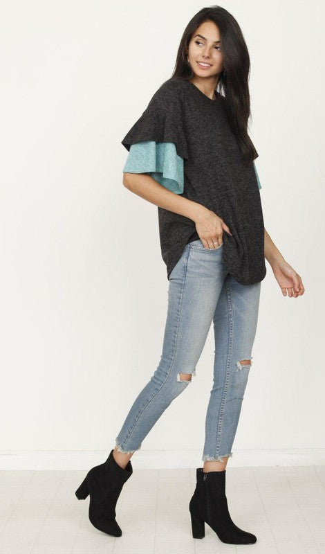 Plus Color Block Sleeve Ruffle Knit Top  choice of colors