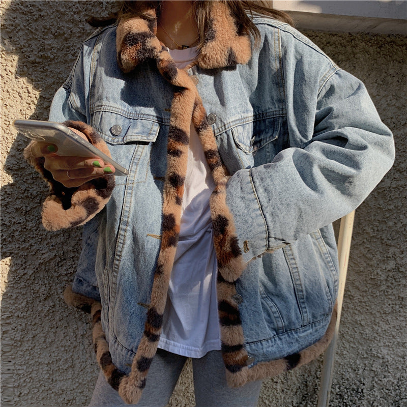 Leopard Print Thickened Denim Jacket Women's Retro Jacket Reversible