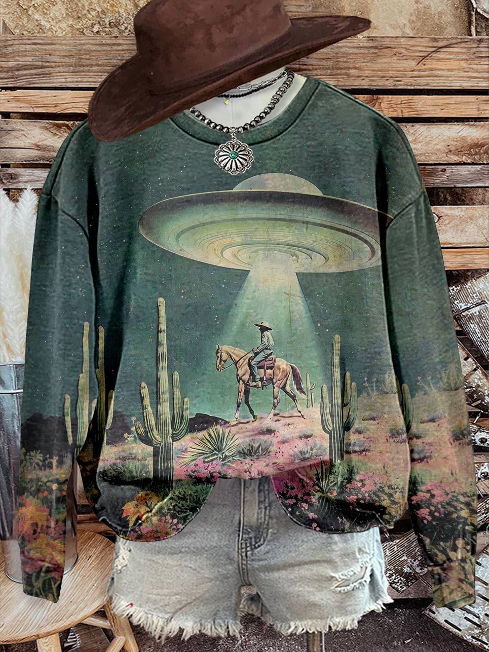 Western UFO Print Casual Sweatshirt