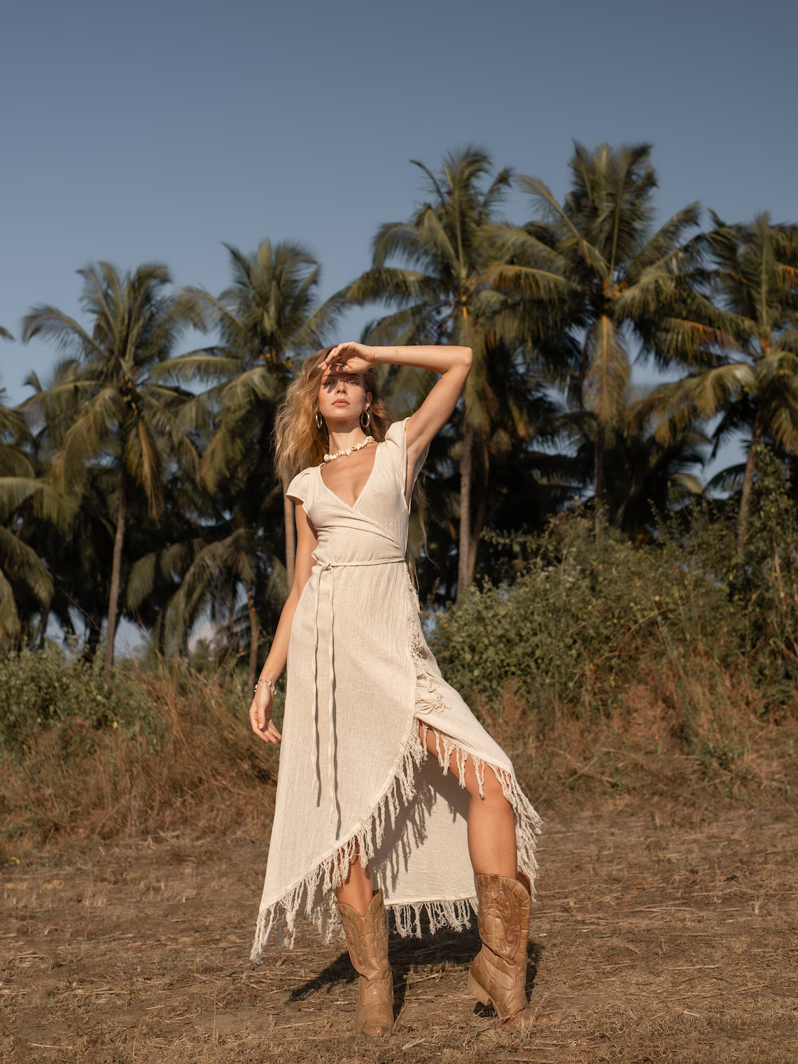 Wrap-style asymmetrical dress/Bohemian goddess dress/Bohemian fringed dress/Off-white summer dress