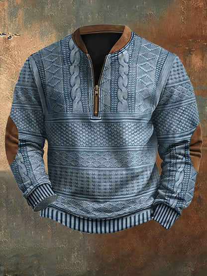 Men's Vintage Country Western Cashmere Wool Print Zipper Stand Collar Casual Sweatshirt