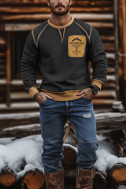 Men's Outdoor Vintage Yellowstone Patch Print Casual Pullover Sweatshirt