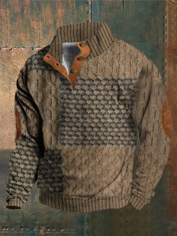 Men's Western Vintage Knitted Patchwork Printed Stand Collar Button Sweatshirt