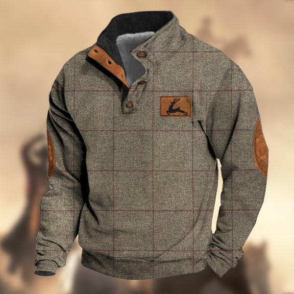 Men's Vintage Country Western Hunting Elk Earthy Navy Taupe Wool Plaid Print Stand Collar Sweatshirt