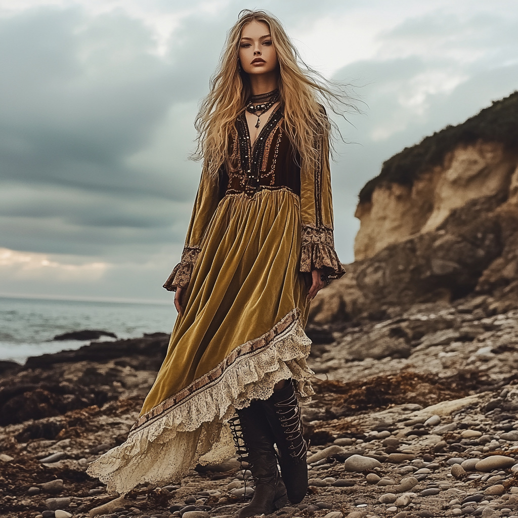 Breezy Bohemian Beach Vacation Autumn And Winter Velvet Ethnic Style Fluttering Dress