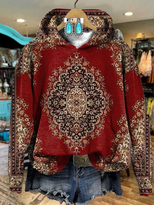 Red Vintage Flower Art Print Casual Hoodie Sweatshirt