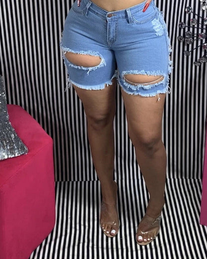 High Waist Ripped Stretch Denim Shorts Women