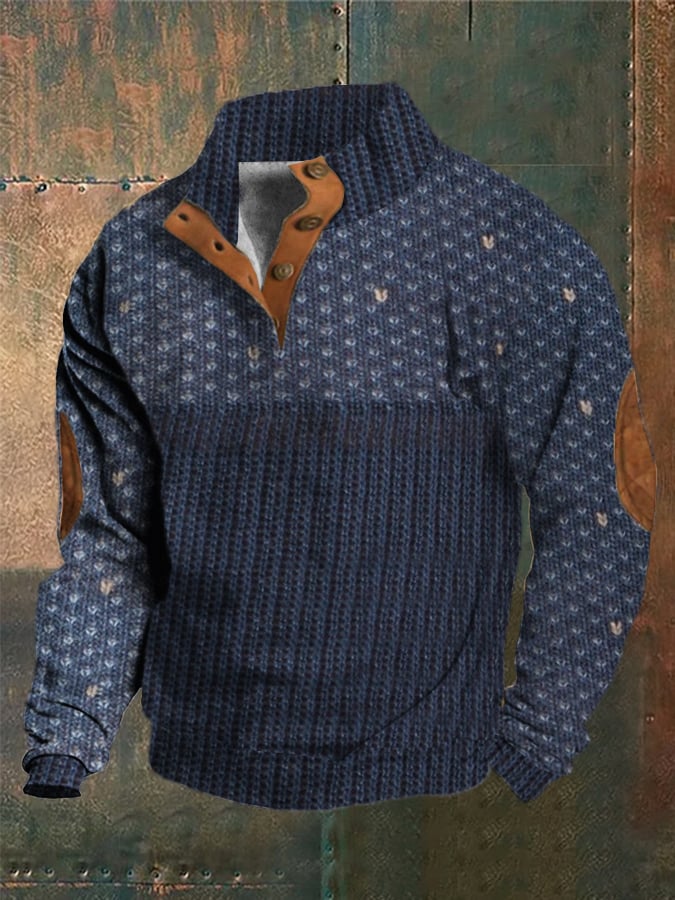 Men's Western Vintage Knitted Jacquard Print Stand Collar Button Sweatshirt