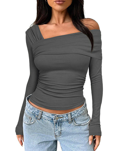 One-Shoulder Long-Sleeved Open-Back Gathered Top T-Shirt