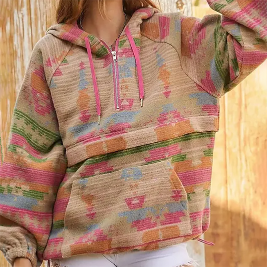 Women's Vintage Aztec Tweed Jacket Long Sleeve Hooded Bohemian Vintage Sweatshirt