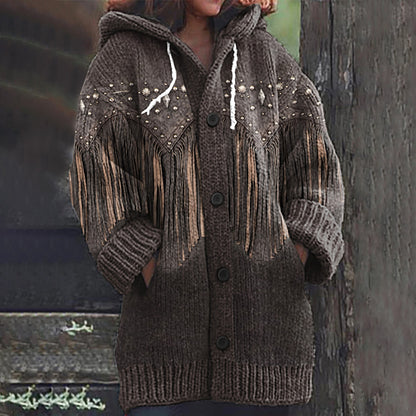 Western Fringe Print Cozy Knit Hooded Cardigan