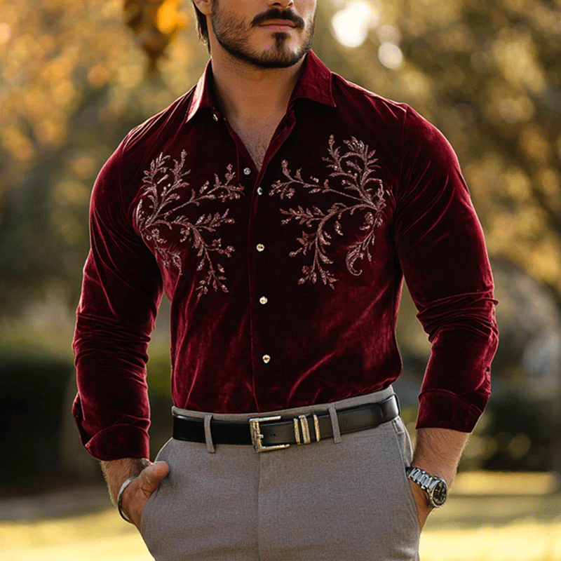 Men's Regular Fit Crushed Embroidery Red Velvet Shirt