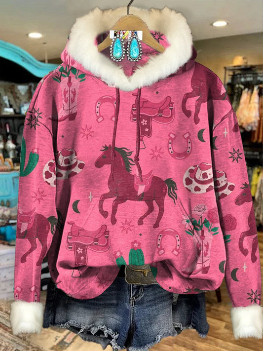 Pink Vintage Western Cowgirl Print Imitation Rabbit Fur Trim Casual Hoodie Sweatshirt