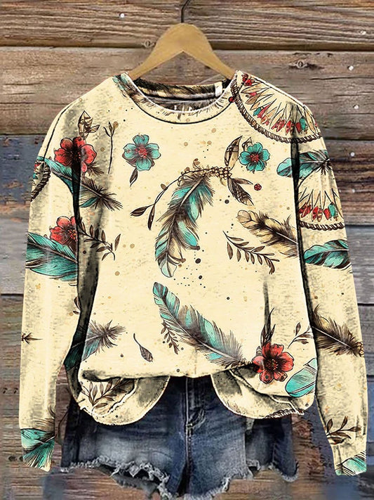 Boho Feather Art Print Casual Sweatshirt