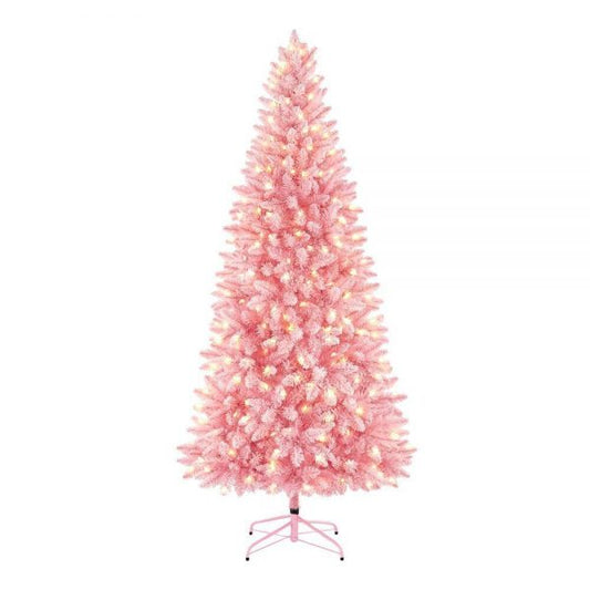 7 ft pre lit led flocked pink artificial christmas tree with 300 light mini warm white lights