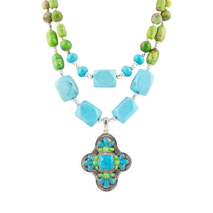 Barse Zion Lime Green and Blue Turquoise and Sterling Silver Statement Necklace