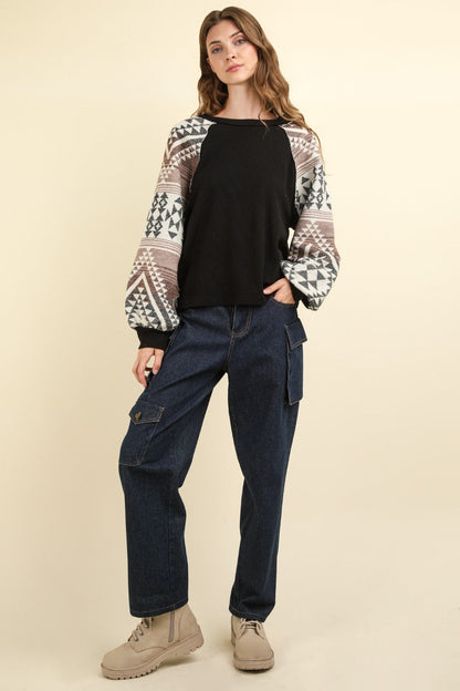 Aztec Printed Long Sleeve Round Neck Knit Top