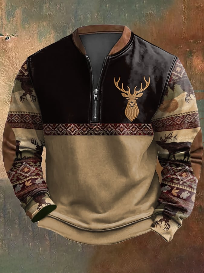 Men's Casual Vintage Elk Contrast Zip-Up Sweatshirt