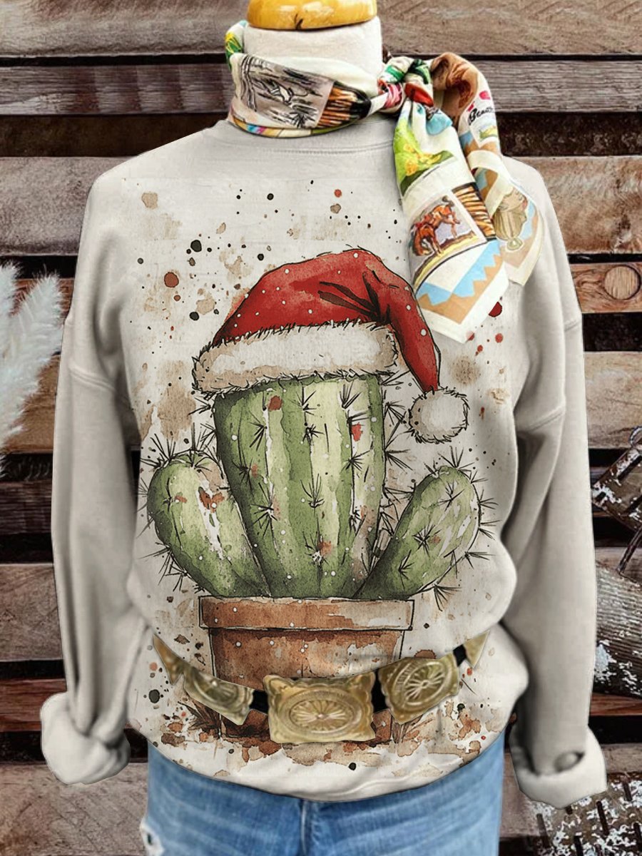 Western Cactus Christmas Print Casual Sweatshirt